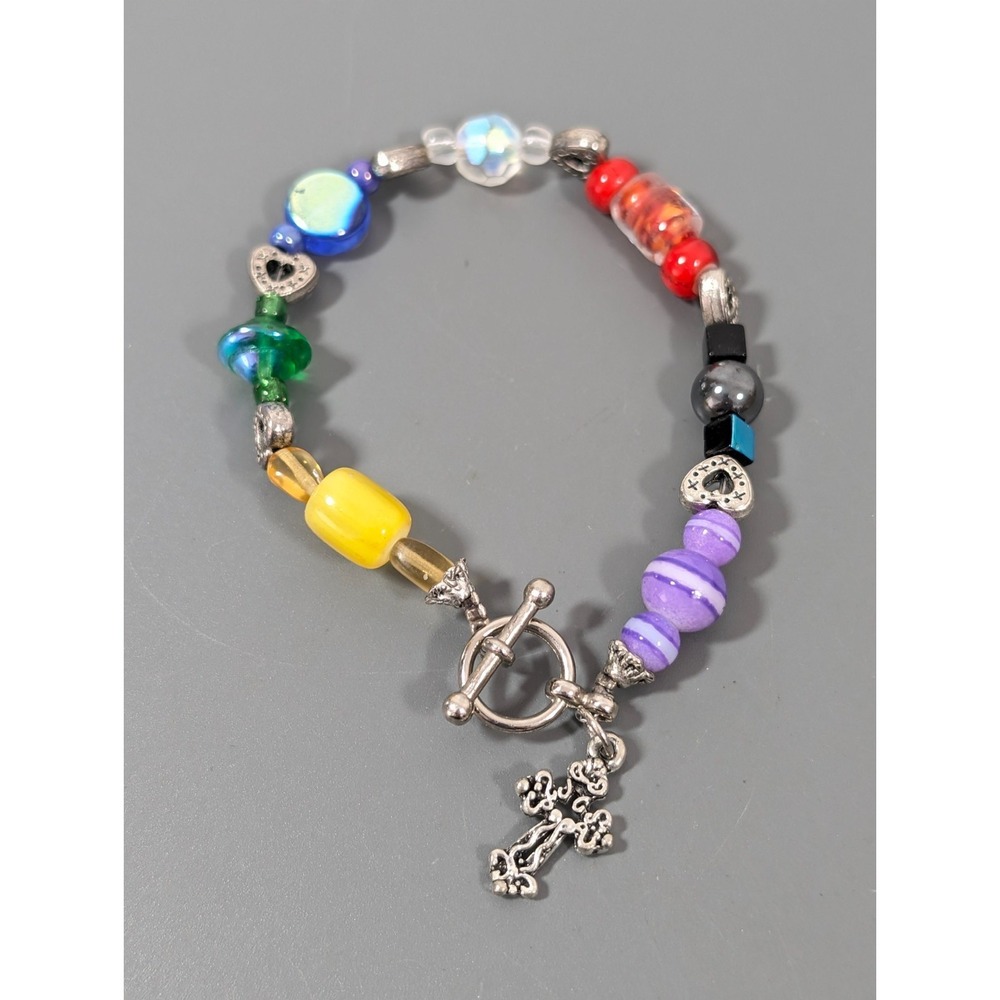 Multi Color‎ Glass Bead Cross Charm Toggle Bracelet Silver Tone 6.5 inch